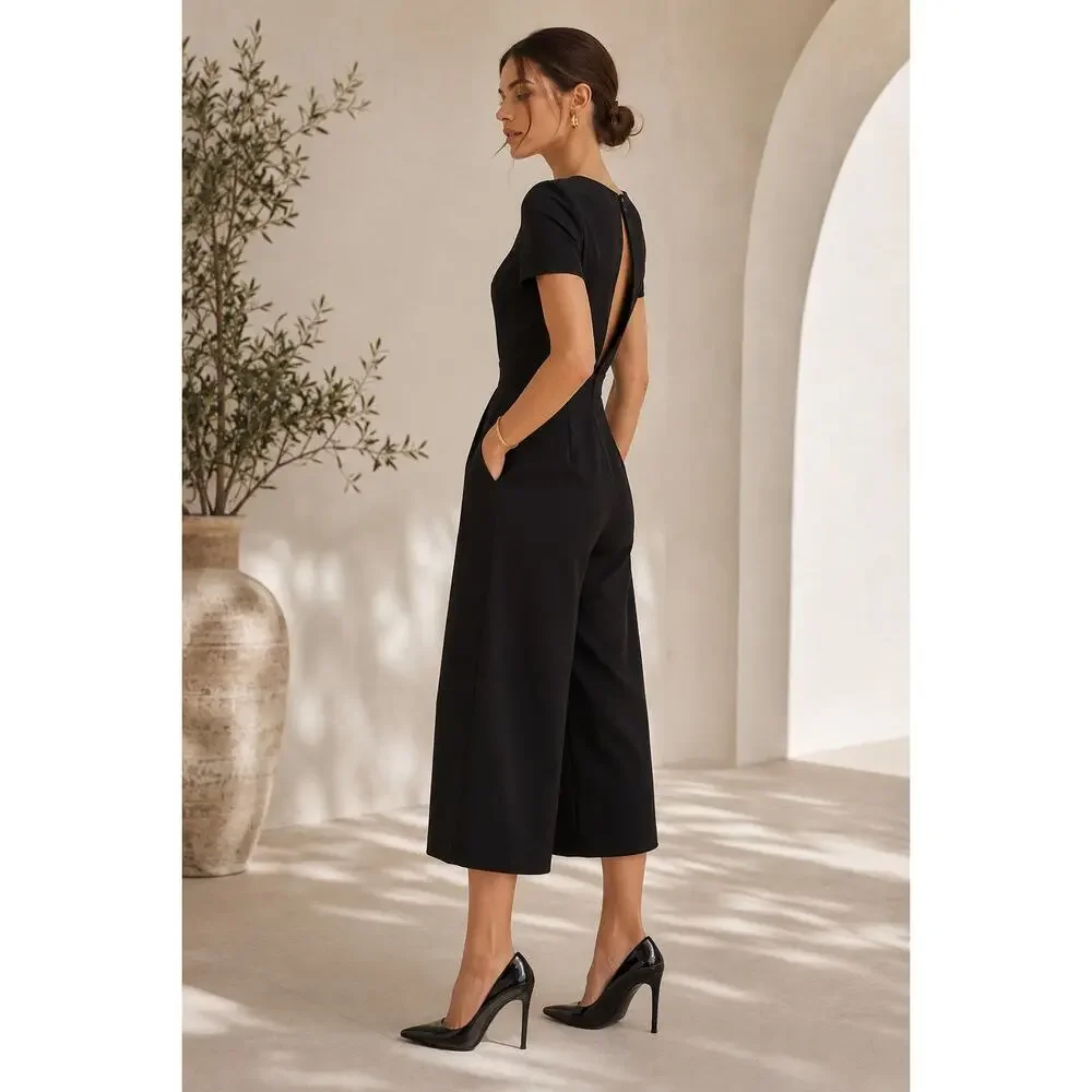 J.Crew Black Wide Leg Cropped Jumpsuit Open Back Career Minimalist Quiet Luxury